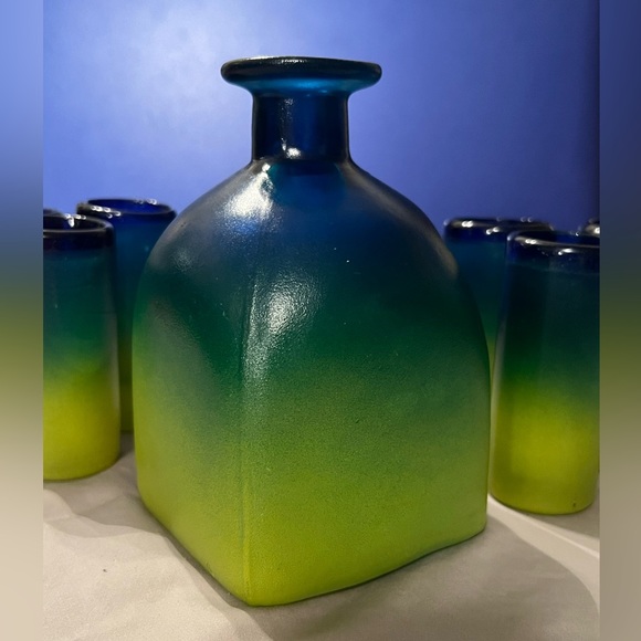Handblown Mexican Decanter & Shot Glass Set-Painted Ombre Blue/Green/Yellow - Picture 4 of 16